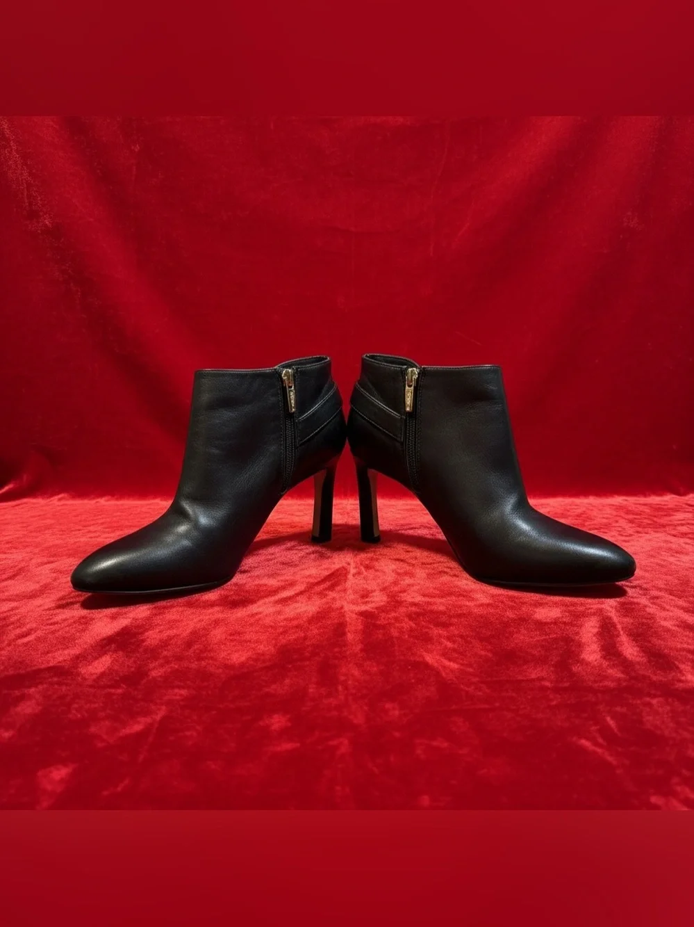 Vince Camuto Black Leather Ankle Booties 3” Stiletto Heels Side-Zip Almond Toe